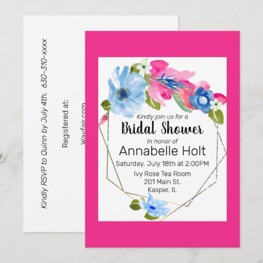 Blauer hellblauer, rosa, blühender goldfarbener Ra Einladung (Vorne/Hinten)