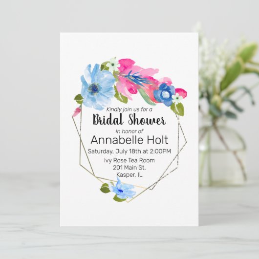 Blauer hellblauer, rosa, blühender goldfarbener Ra Einladung (Stehend Vorderseite)