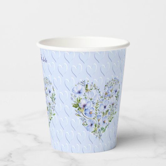 Blauer Herzbeutel Pappbecher (Rückseite)