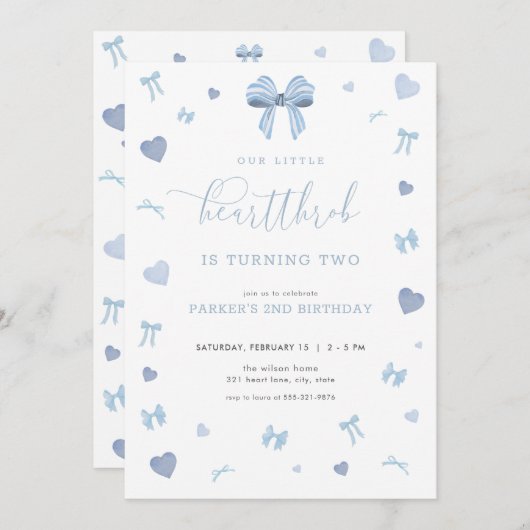 Blauer Herzklein Herzklopfen Einladung zum Geburts (Vorne/Hinten)