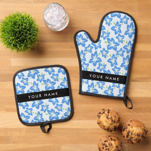 Blauer Hibiskus, Blumen, Ihr Name Ofenhandschuh & Topflappen-Set (Oben Unten)