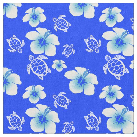 Blauer Hibiskus Honu Hawaiianer Stoff (Nahaufnahme)