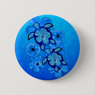 Blauer Hibiskus und Honu Schildkröten Button