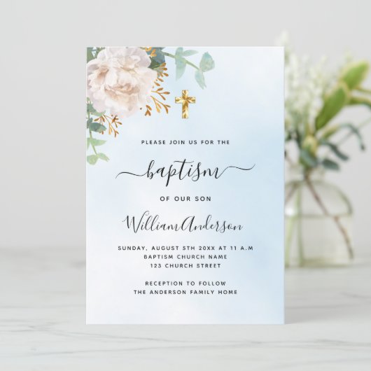 Blauer Himmel Eukalyptus Junge Taufe Einladung (Stehend Vorderseite)