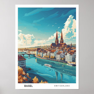 Blauer Himmel in Basel Schweiz Vintage Reise Poster