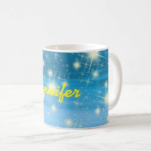 Blauer Himmel leuchtende Sterne gelber Name Kaffeetasse (VorderseiteRechts)