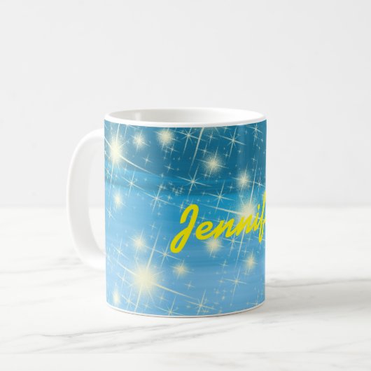 Blauer Himmel leuchtende Sterne gelber Name Kaffeetasse (Vorderseite Links)