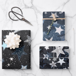 Blauer Himmel mit Silbermond und Sternen Geschenkpapier Set