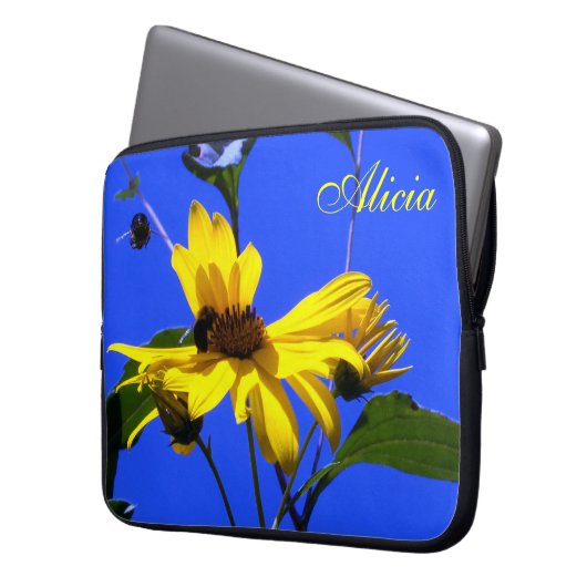 Blauer Himmel, Sonnenblumen N Bienen Laptop-Sieb Laptopschutzhülle (Vorderseite Links)