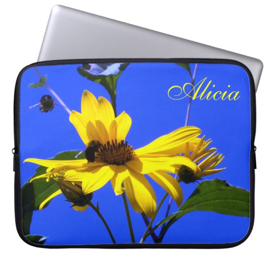 Blauer Himmel, Sonnenblumen N Bienen Laptop-Sieb Laptopschutzhülle (Vorderseite)