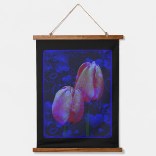 Blauer Himmel und rosafarbene Tulpen Kunst Wandteppich Mit Holzrahmen