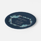 Blauer Himmel und Rose Gold-Hochzeitmonographie Pappteller (Schrägansicht)