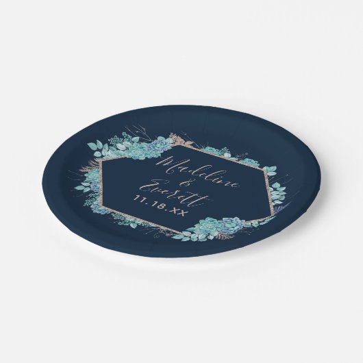 Blauer Himmel und Rose Gold-Hochzeitmonographie Pappteller (Schrägansicht)