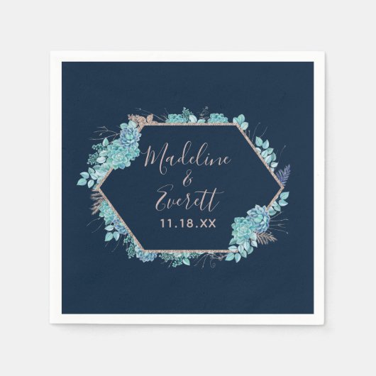 Blauer Himmel und Rose Gold-Hochzeitmonographie Serviette (Vorderseite)