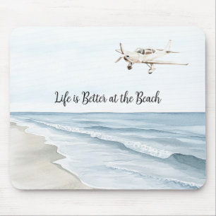 Blauer Himmel Weißes Flugzeug Strand Ozean Küste Mousepad