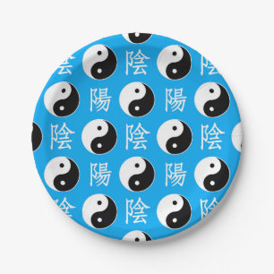 Blauer Hintergrund chinesisches Yinyang-Muster Pappteller