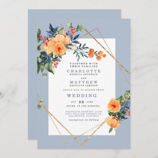 Blauer Hintergrund farbenfrohe Hochzeit der Wasser Einladung (Vorne/Hinten)