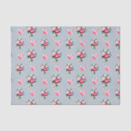 Blauer Hintergrund, rosa Blume und Herz Seidenpapier