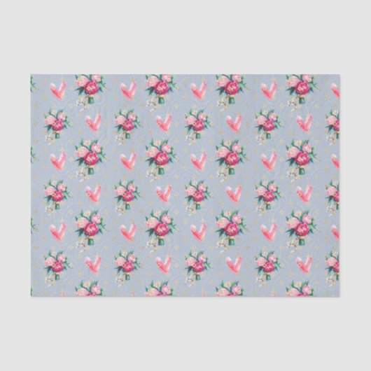 Blauer Hintergrund, rosa Blume und Herz Seidenpapier (Vorderseite)