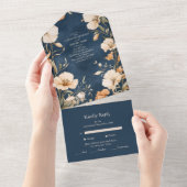 Blauer Hochzeitsmarsch in Elfenbeinflora All In One Einladung (Abreißen)