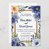 Blauer Hochzeitsmarsch in Elfenbeinflora Einladung (Vorne/Hinten)