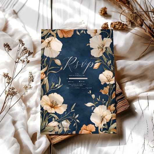 Blauer Hochzeitsmarsch in Elfenbeinflora RSVP Karte