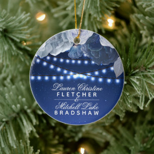 Blauer Hochzeitsschein-Foto Keramik Ornament