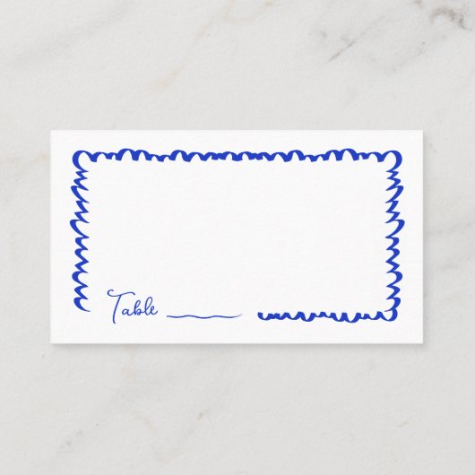 Blauer Hochzeitstisch mit handgezeichnetem Whimsic Platzkarte (Rückseite)