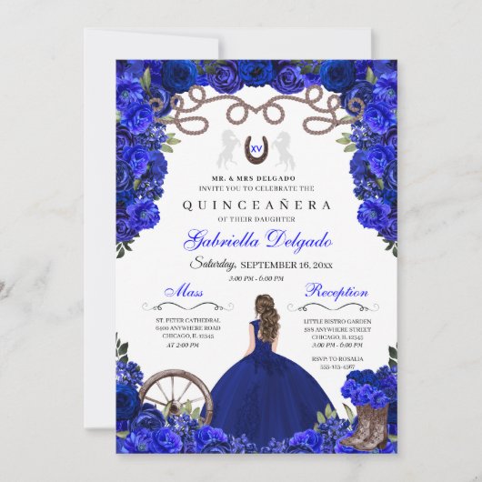 Blauer Horseshoe Western Charra Floral Quinceanera Einladung (Vorderseite)