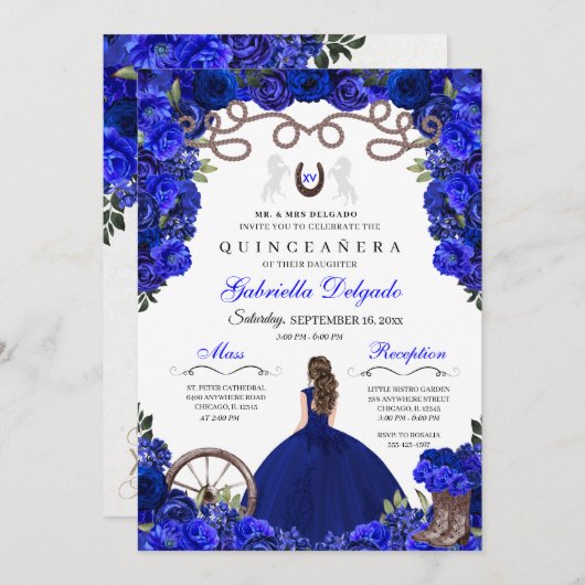 Blauer Horseshoe Western Charra Floral Quinceanera Einladung (Vorne/Hinten)