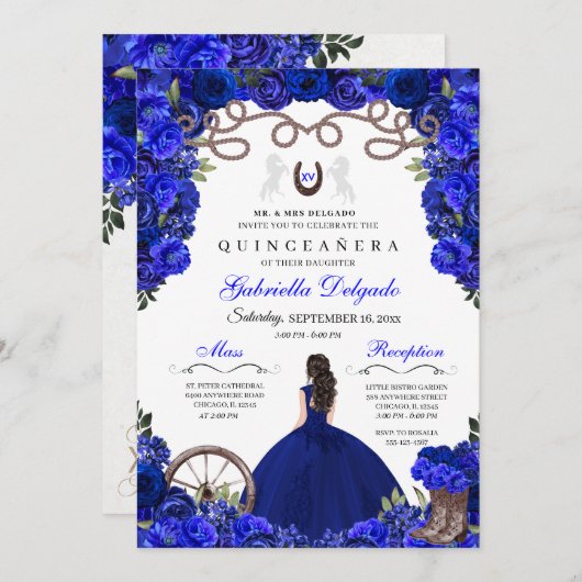Blauer Horseshoe Western Charra Floral Quinceanera Einladung (Vorne/Hinten)
