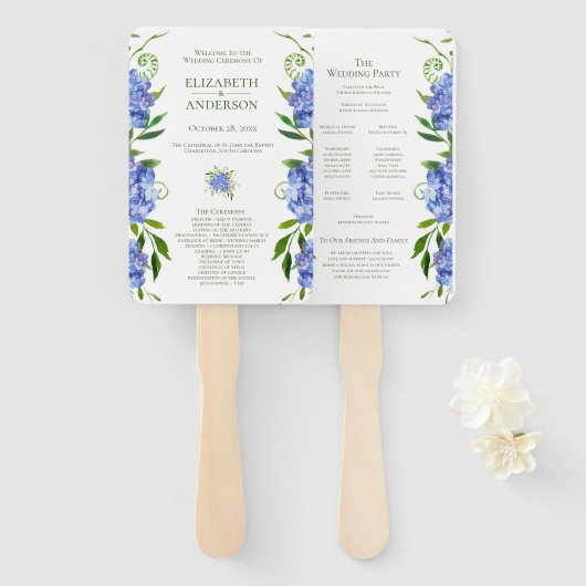 Blauer Hortensien Hochzeitsprogramm Fächer (Vorne und Hinten)