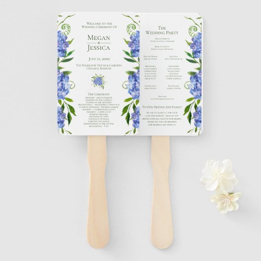 Blauer Hortensien Hochzeitsprogramm Handfächer (Vorne und Hinten)