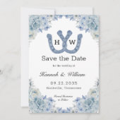 Blauer Hufeisen Monogramm Foto Save The Date (Vorderseite)