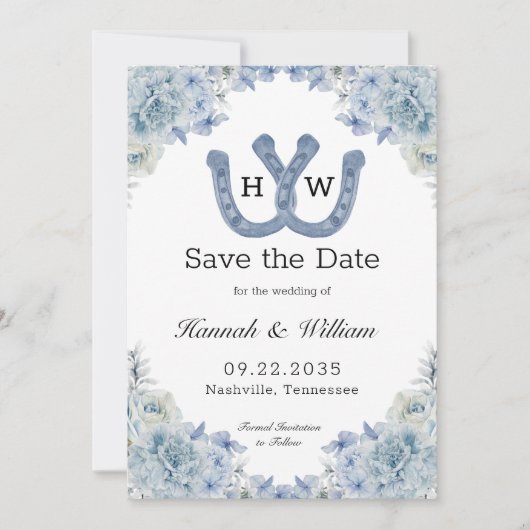 Blauer Hufeisen Monogramm Foto Save The Date (Vorderseite)