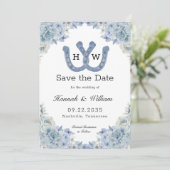 Blauer Hufeisen Monogramm Foto Save The Date (Stehend Vorderseite)