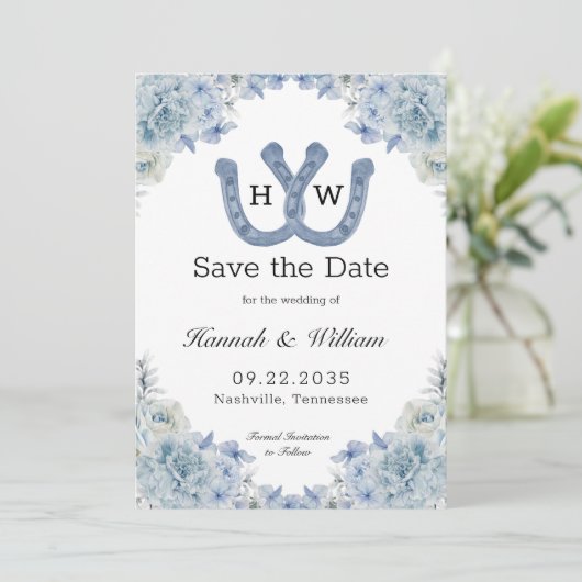 Blauer Hufeisen Monogramm Foto Save The Date (Stehend Vorderseite)