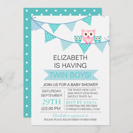 Blauer Hühnerhühner TWIN Boys Babydusche Einladung (Vorne/Hinten)