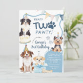 Blauer Hund bereit zwei Pawty Geburtstag Einladung (Stehend Vorderseite)