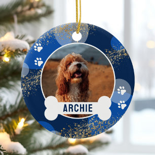 Blauer Hund Foto Knochen Name Weihnachten Keramik Ornament