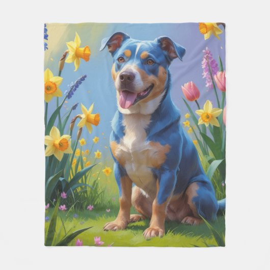 Blauer Hund Frühlingsblumen Malerei Fleecedecke (Vorderseite)