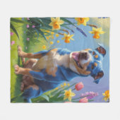 Blauer Hund Frühlingsblumen Malerei Fleecedecke (Vorderseite (Horizontal))