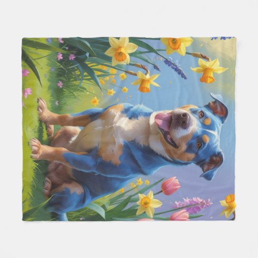Blauer Hund Frühlingsblumen Malerei Fleecedecke (Vorderseite (Horizontal))