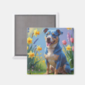 Blauer Hund Frühlingsblumen Malerei Magnet (Vorderseite/Rückseite)