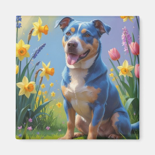 Blauer Hund Frühlingsblumen Malerei Magnet (Vorne)