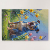 Blauer Hund Frühlingsblumen Malerei Puzzle (Horizontal)