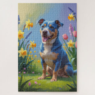 Blauer Hund Frühlingsblumen Malerei Puzzle