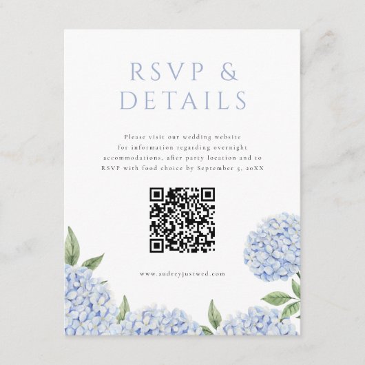 Blauer Hydrangea blüht UAWG und Details, w/QR-Code Begleitkarte (Vorderseite)