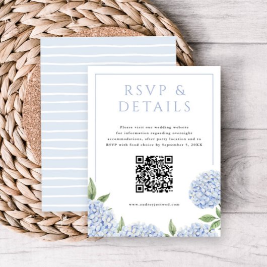 Blauer Hydrangea blüht UAWG und Details, w/QR-Code Begleitkarte