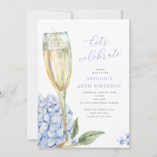 Blauer Hydrangea Blüten Feiern wir Party Einladung (Vorderseite)